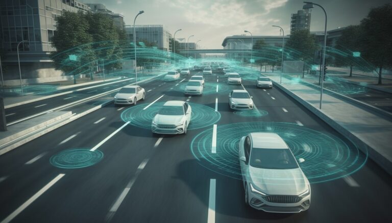 Speeding cars blur blue in modern city rush generated by AI
